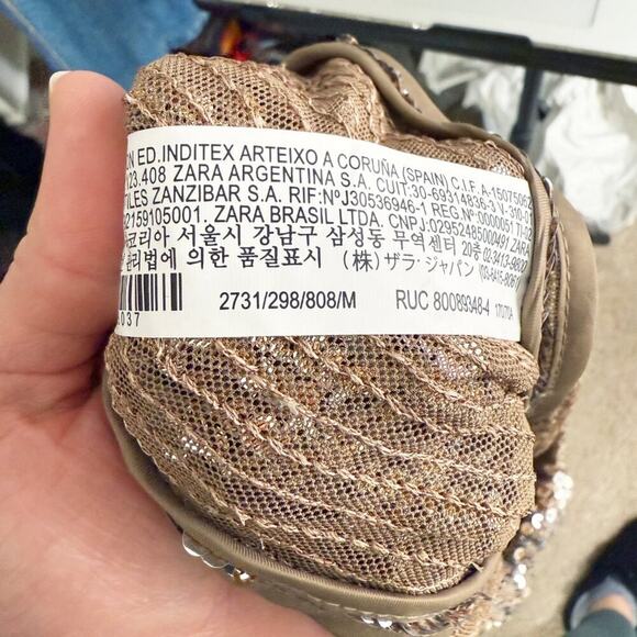 Zara Metallic Silver & Gold Cropped Pants Size Medium EUC Sequins Elastic Waist - Picture 7 of 9